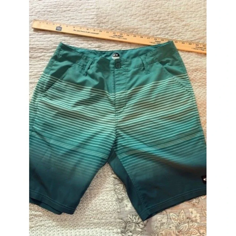 OAKLEY Swim Trunks‎ Men's Size 34 Green Stripe Board Surfer Logo Beach
